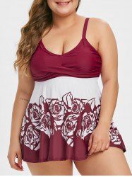 Ruched Floral Rose Plus Size Tankini Swimsuit -  