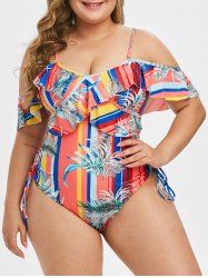 Plus Size Palm Print Lace Up Ruffled One-piece Swimsuit -  