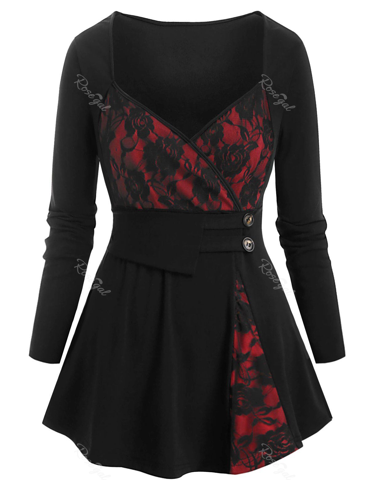 

Cross Front Lace Panel Buttoned Plus Size Top, Black