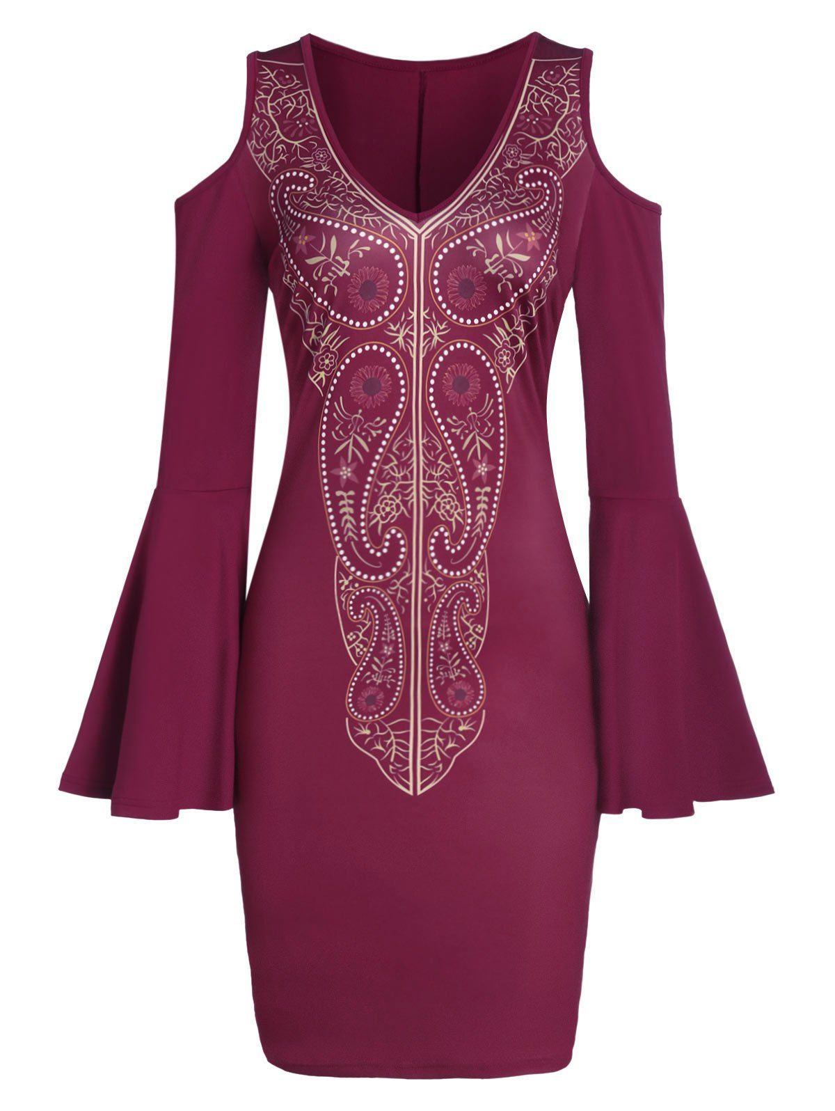

Paisley Print Flare Sleeve Mini Bodycon Dress, Red wine