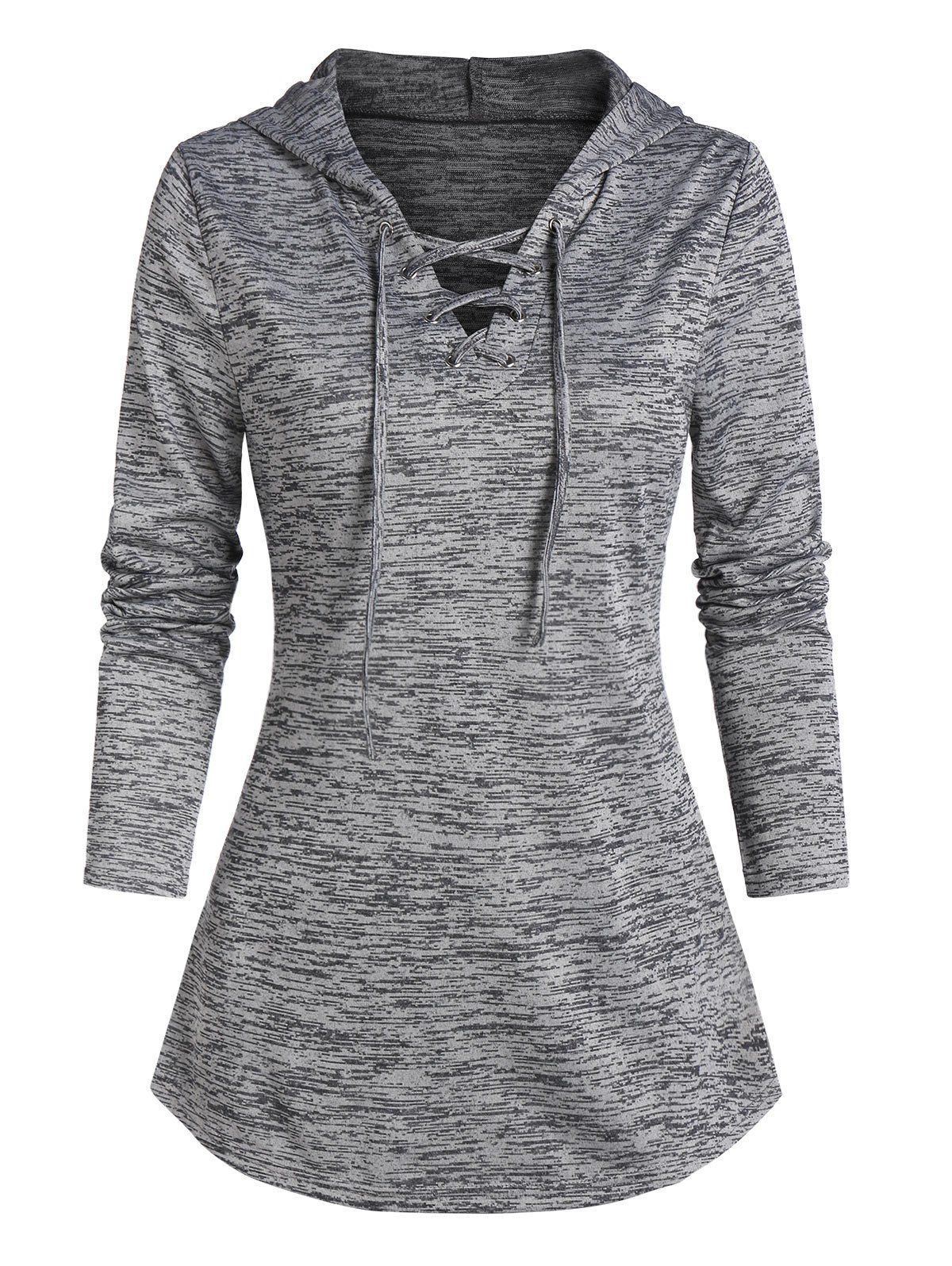 

Space Dye Print Curved Hem Lace-up Hoodie, Ash gray