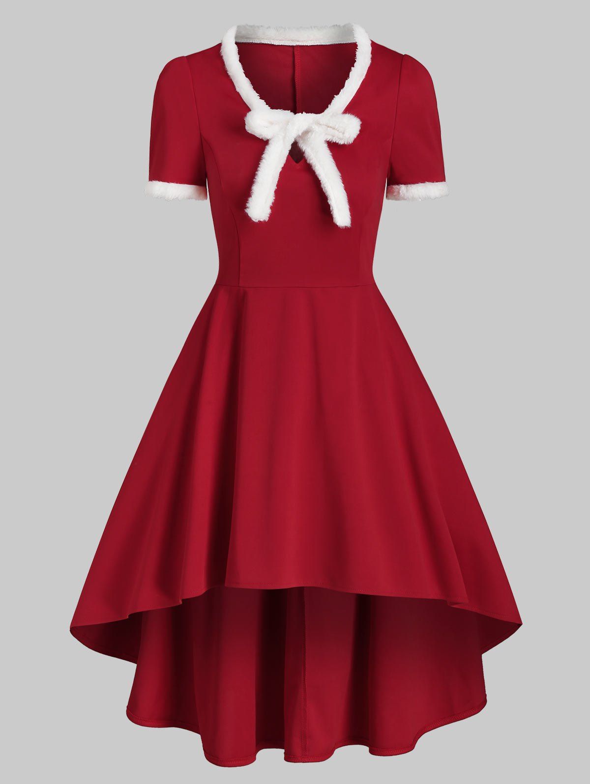 

Faux Fur Panel Bowknot Dip Hem Dress, Lava red