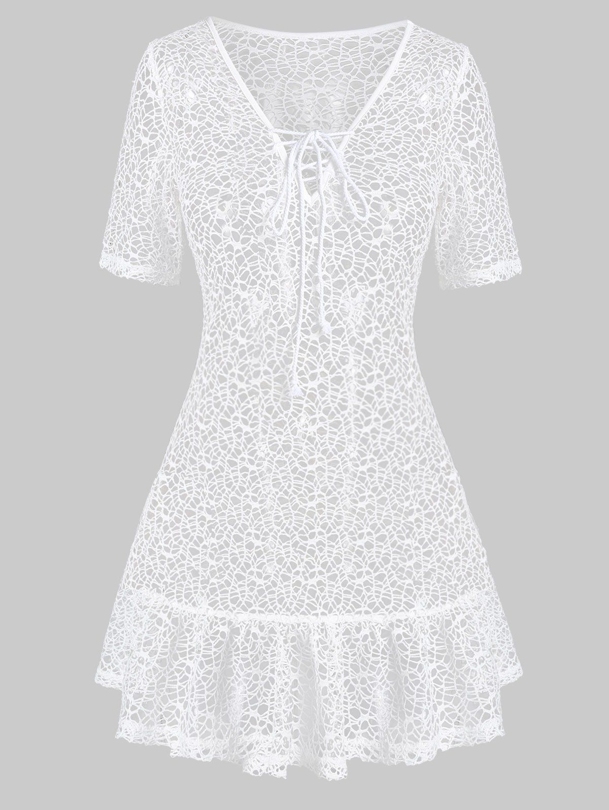 

Lace Up Drop Waist Sheer Cover Up Dress, White