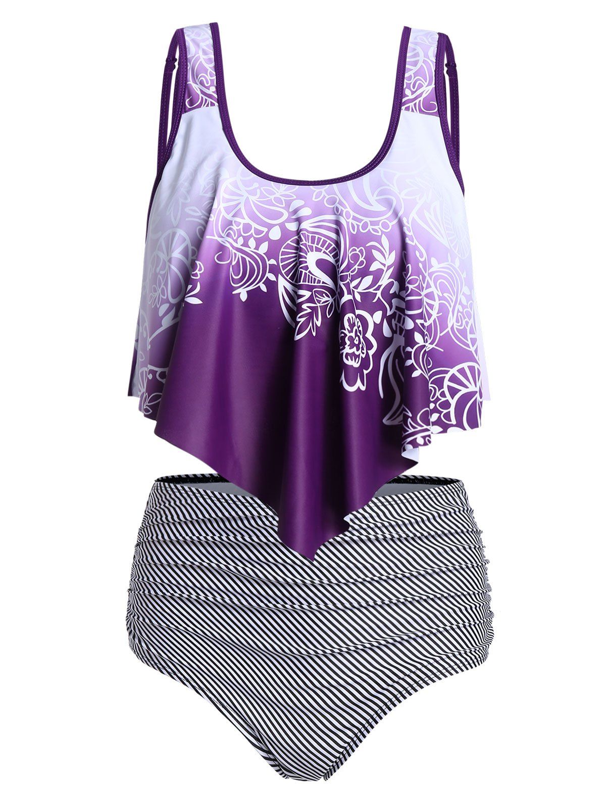 

Flower and Striped Print Pointed Hem Tankini Swimwear, Purple