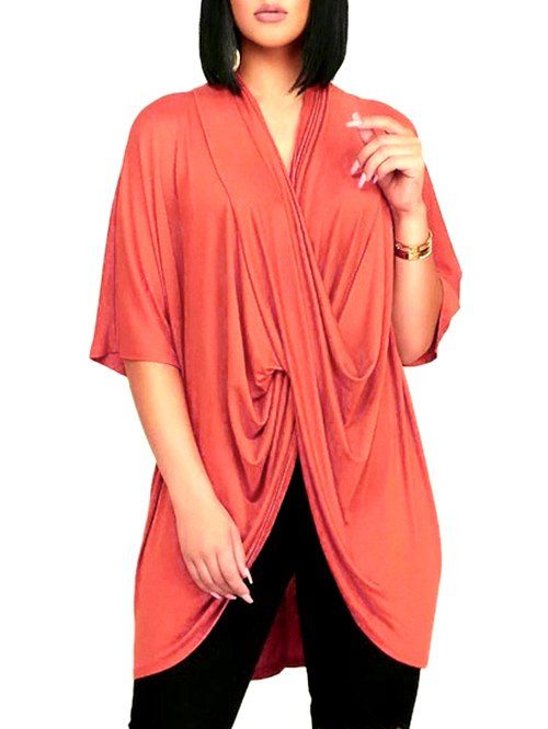 

Cross Front Drape Batwing Sleeve Loose T-shirt, Living coral