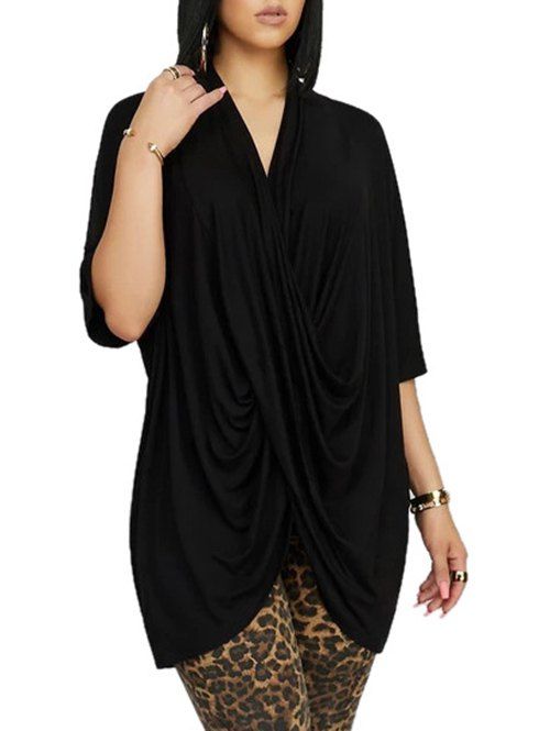 

Cross Front Drape Batwing Sleeve Loose T-shirt, Black