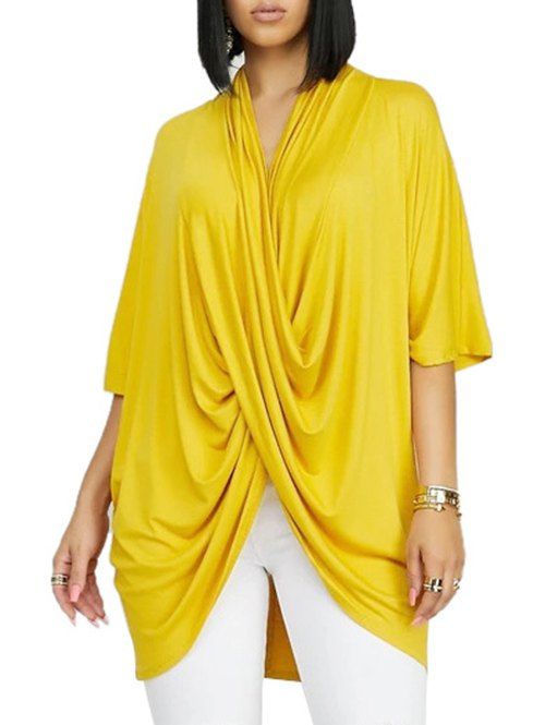 

Cross Front Drape Batwing Sleeve Loose T-shirt, Yellow