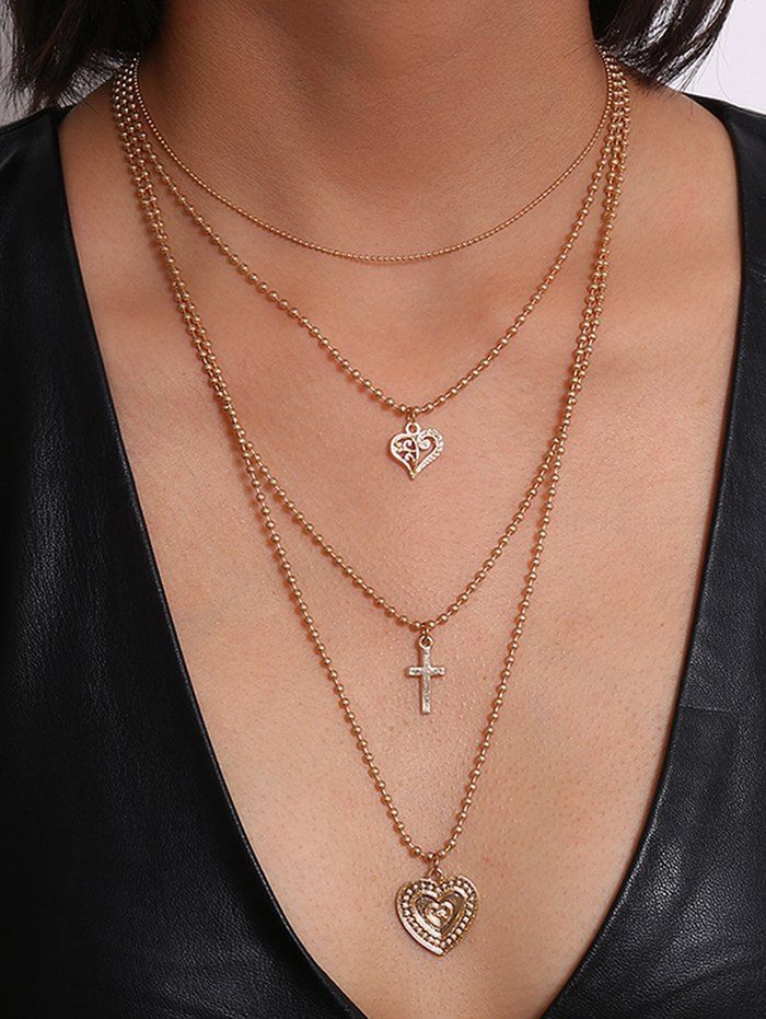 

Multilayered Heart Cross Beaded Chain Necklace, Gold