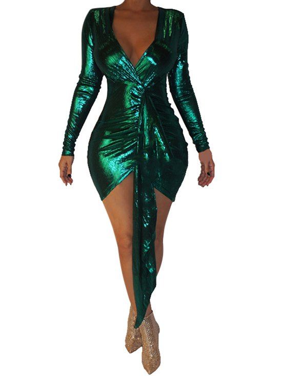 

Sparkly Drape Front Plunging Bodycon Dress, Deep green