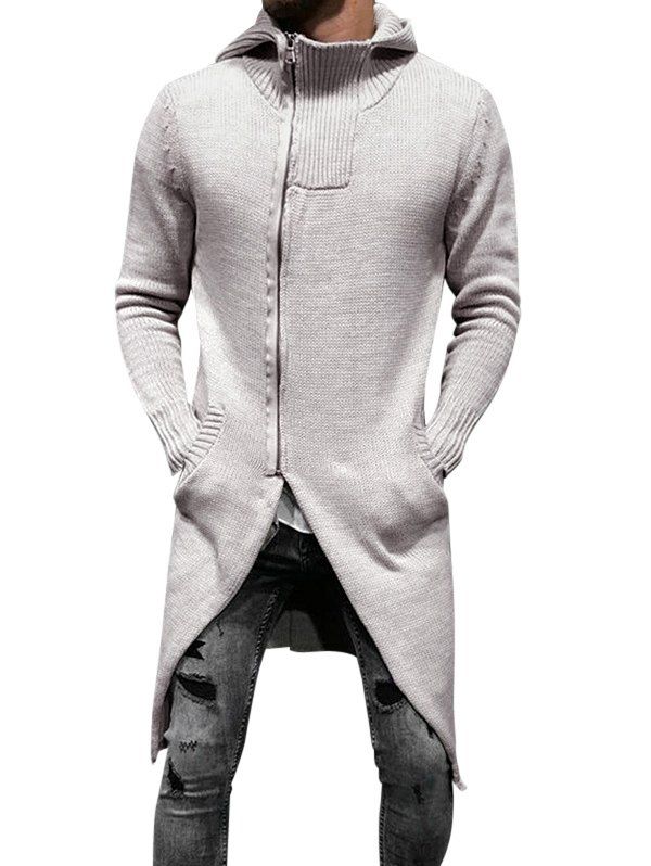 

Zip Up Hooded Front Slit Longline Cardigan, Light gray