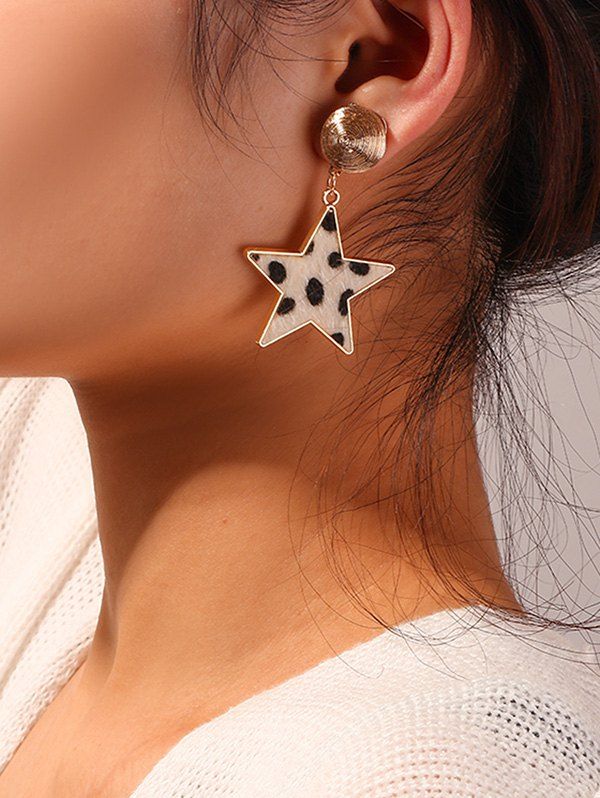 

Leopard Print Star Shape Drop Earrings, Warm white