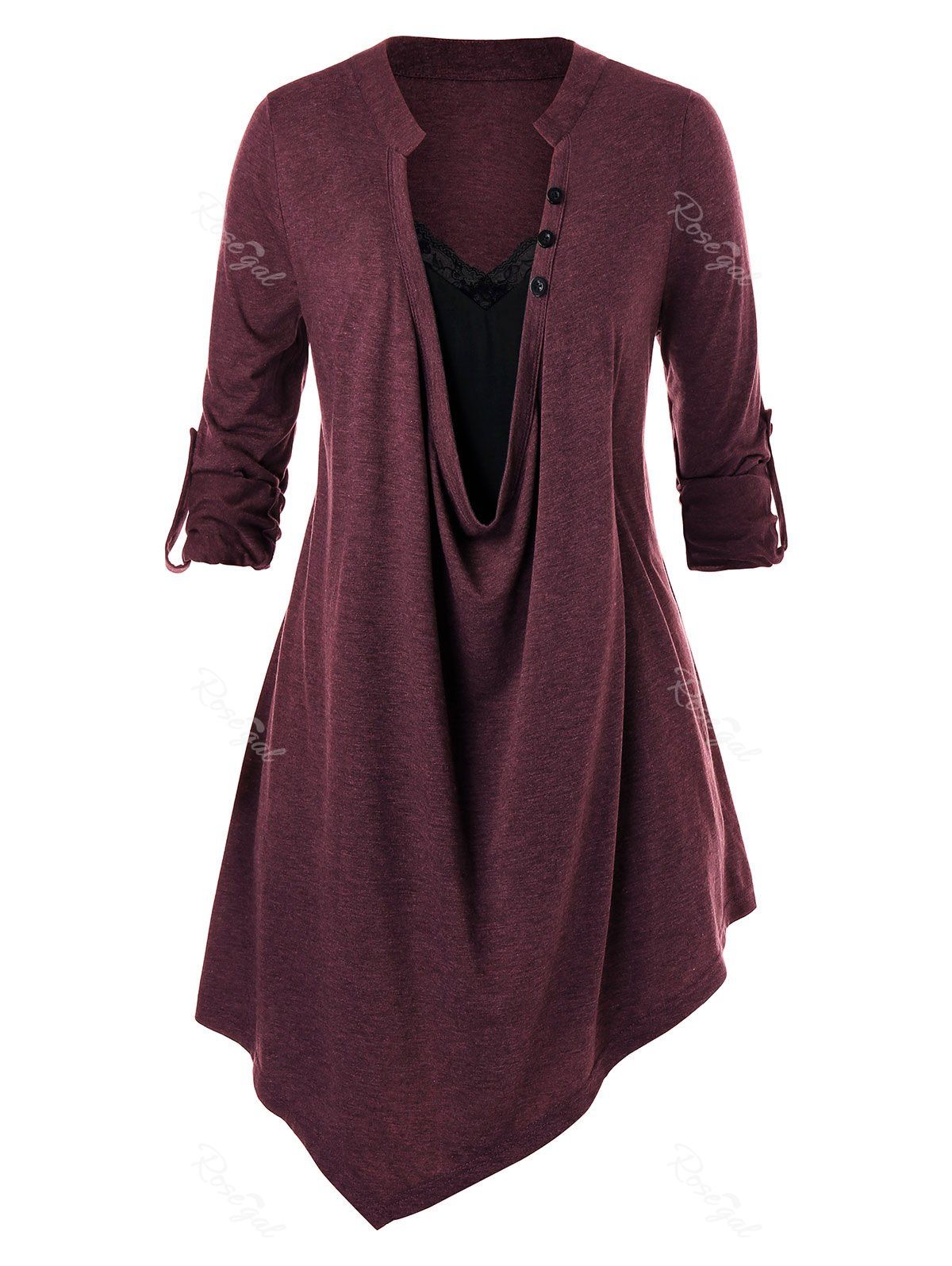 

Plus Size Lace Insert Asymmetric Top, Red wine