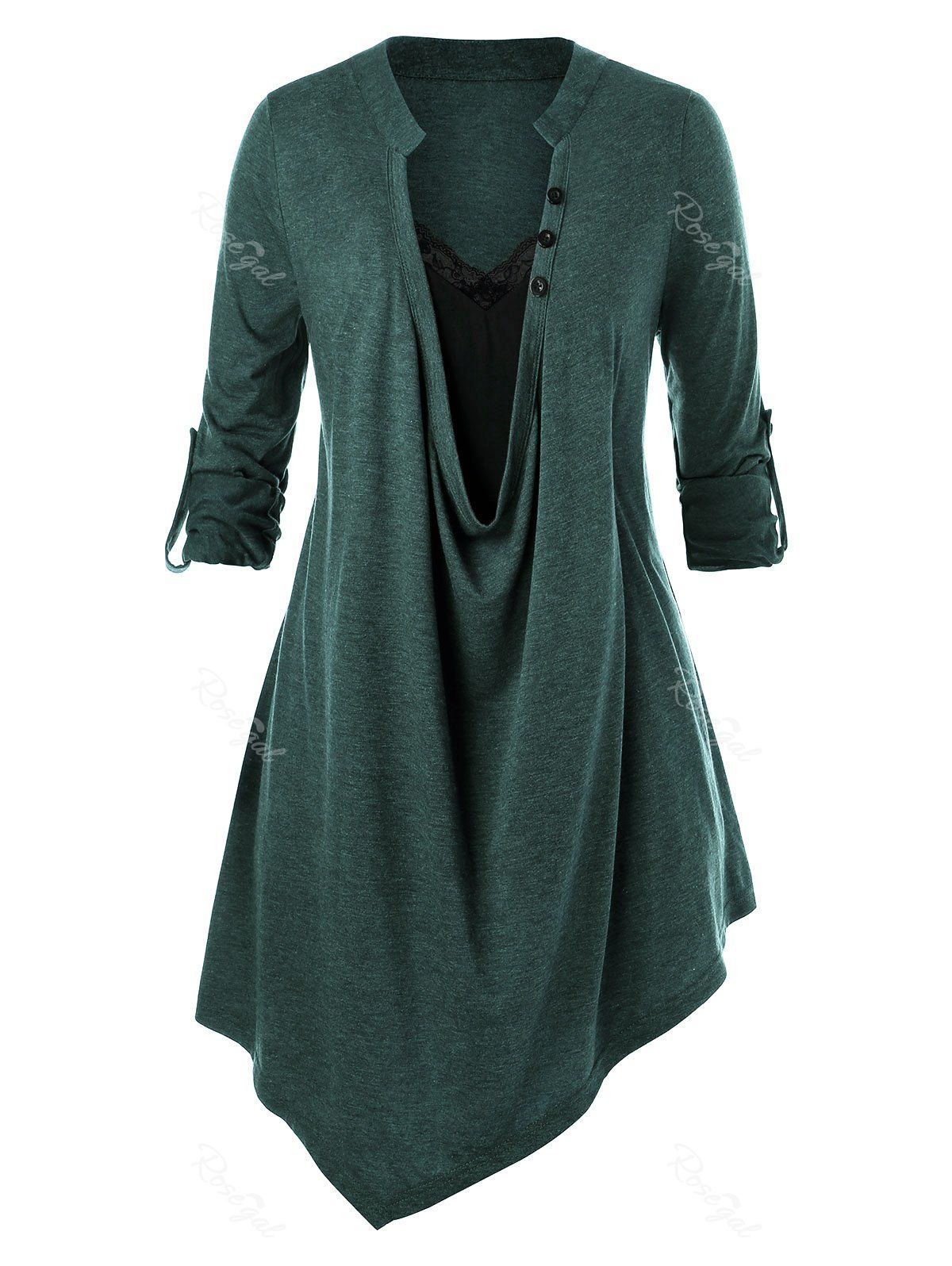

Plus Size Lace Insert Asymmetric Top, Medium sea green