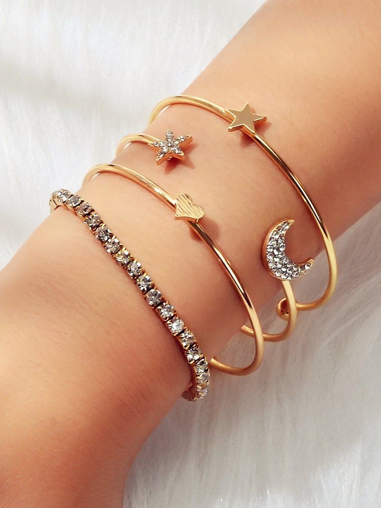 

Rhinestone Moon Star Heart Cuff Bracelets Set, Gold