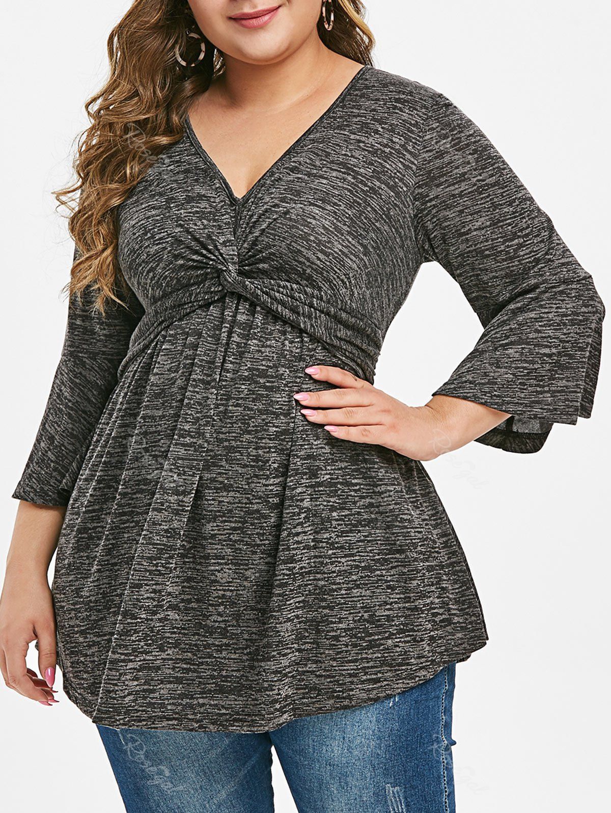 

Plus Size Flare Sleeve Front Twist Marled T Shirt, Dark gray