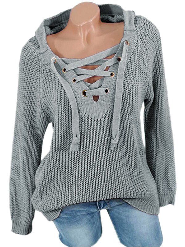 

Lace Up Raglan Sleeves Hooded Sweater, Gray cloud