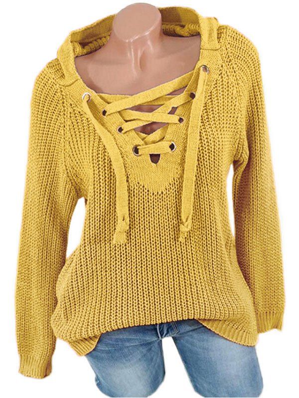 

Lace Up Raglan Sleeves Hooded Sweater, Golden brown