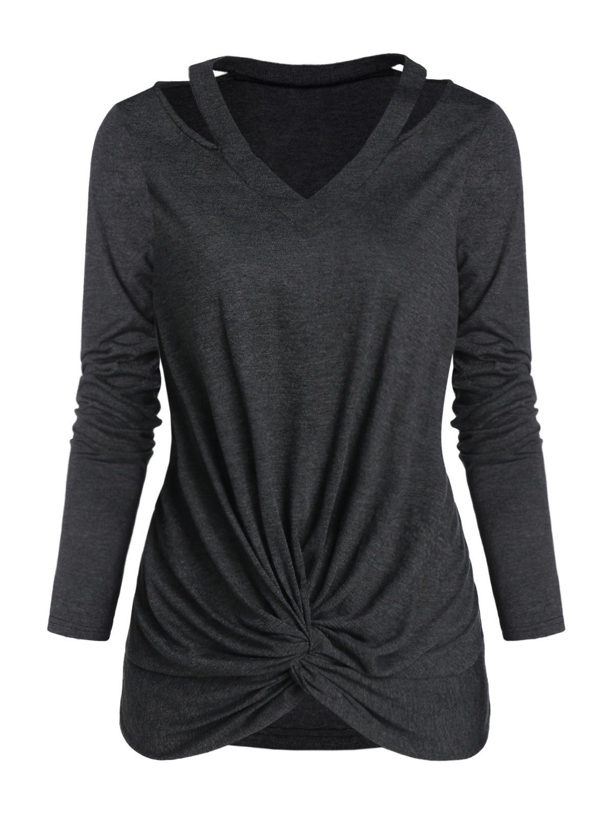 

Twist Front V Neck Cut Out Heathered T-shirt, Ash gray
