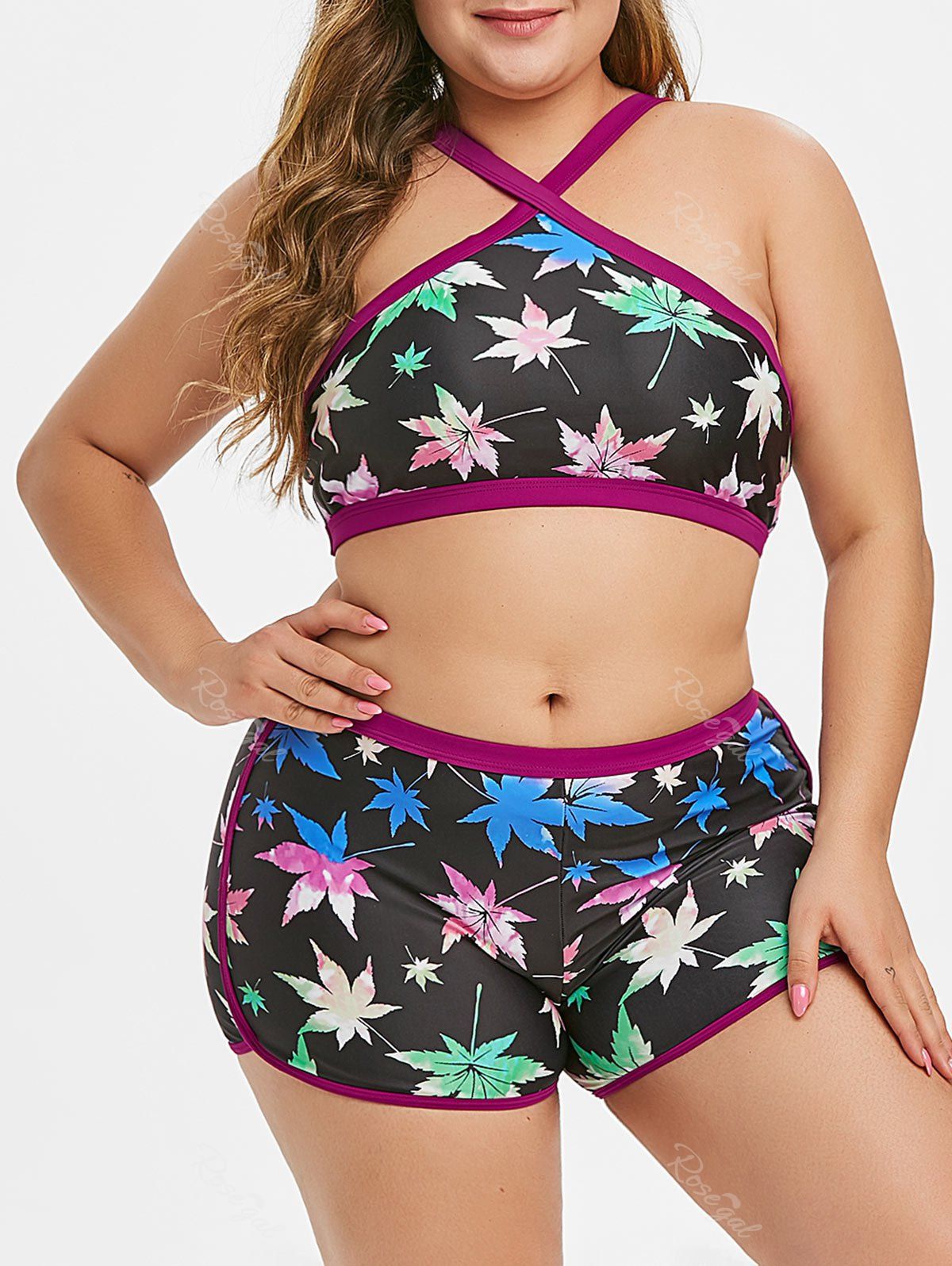 Outfits Plus Size Maple Leaf Crossover Boyshorts Bikini Swimsuit  