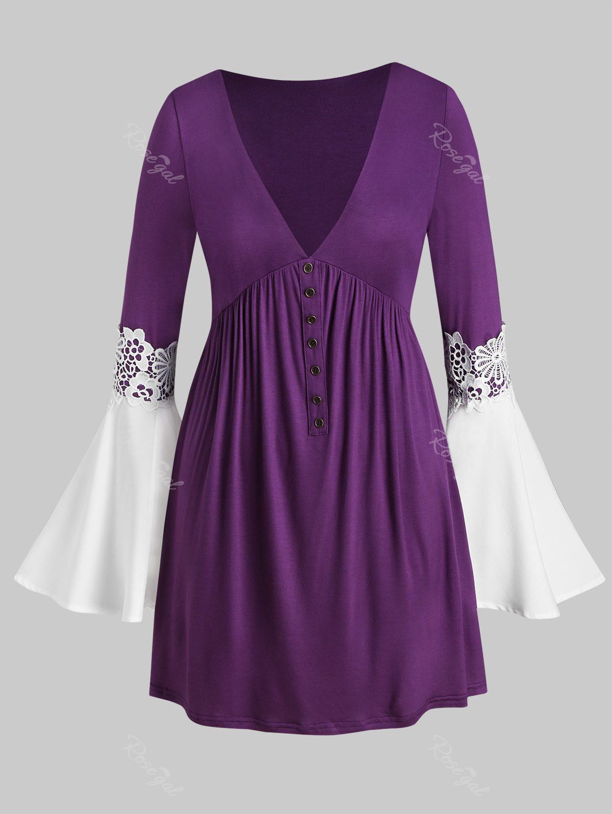 

Plus Size Bell Sleeve Plunging Neck T Shirt, Purple