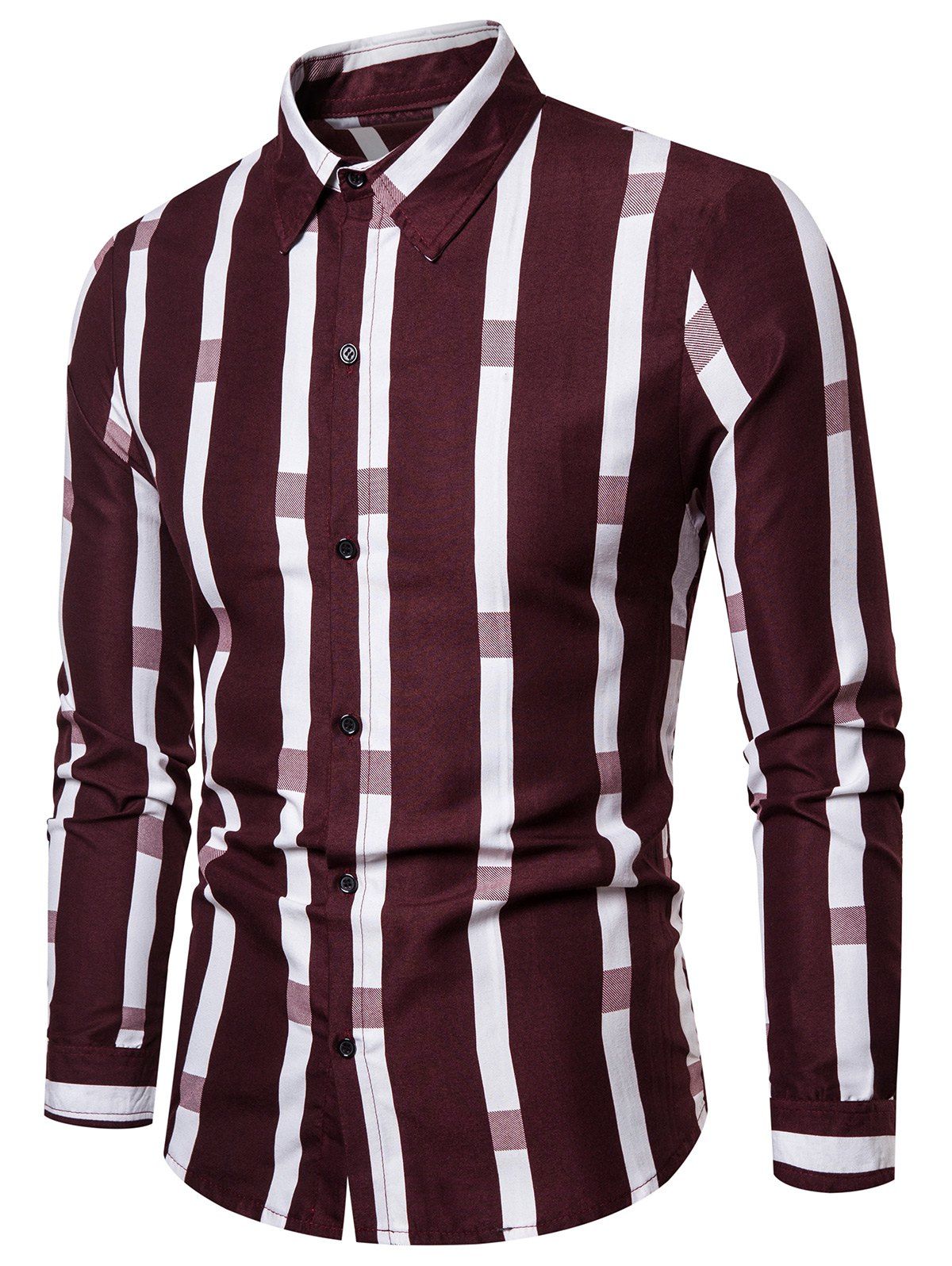 

Striped Pattern Button Long-sleeved Shirt, Red wine