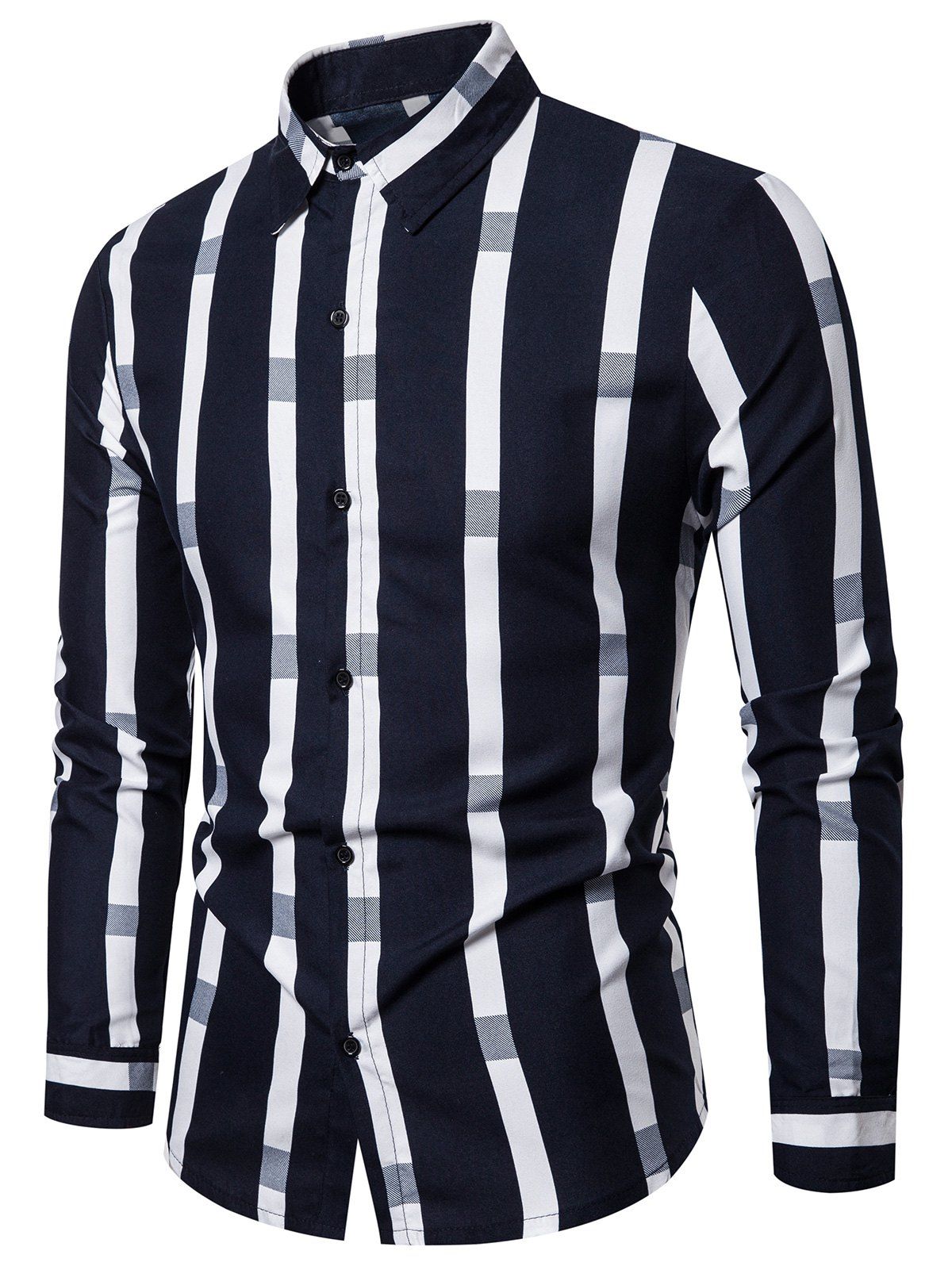 

Striped Pattern Button Long-sleeved Shirt, Deep blue
