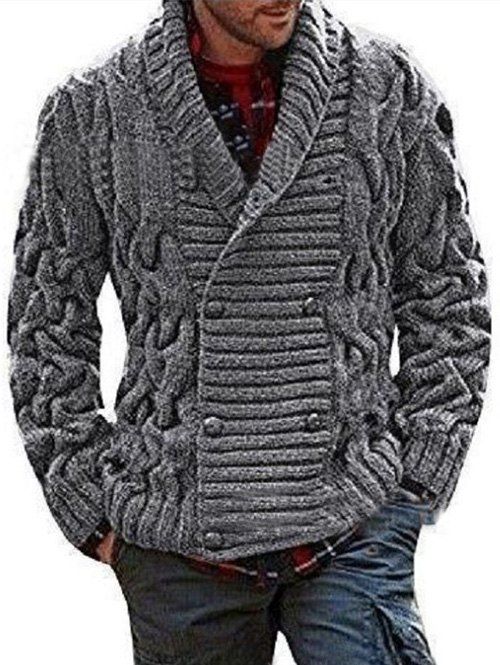

Shawl Collar Double Breasted Twist Knit Cardigan, Dark gray