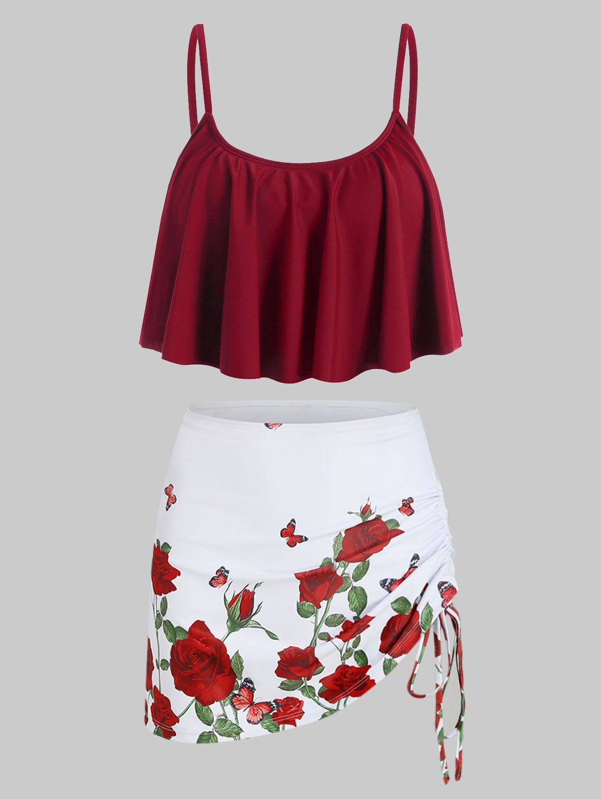 

Floral Butterfly Overlay Padded Tankini Set, Red wine
