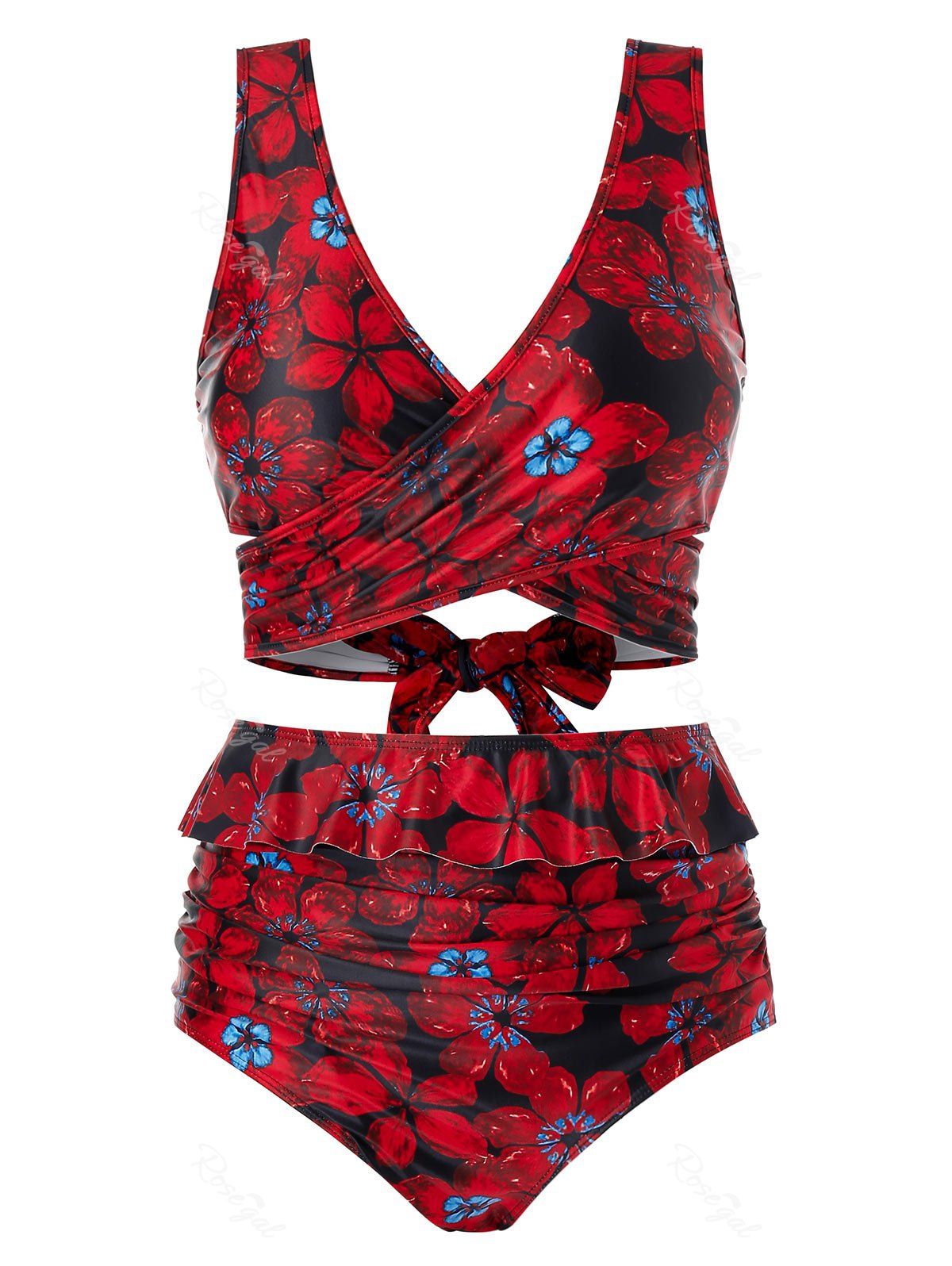 

Plus Size Floral Printed Tankini Swimsuit, Red wine