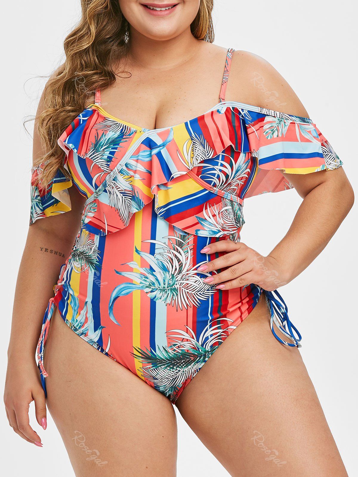 Fancy Plus Size Palm Print Lace Up Ruffled One-piece Swimsuit  