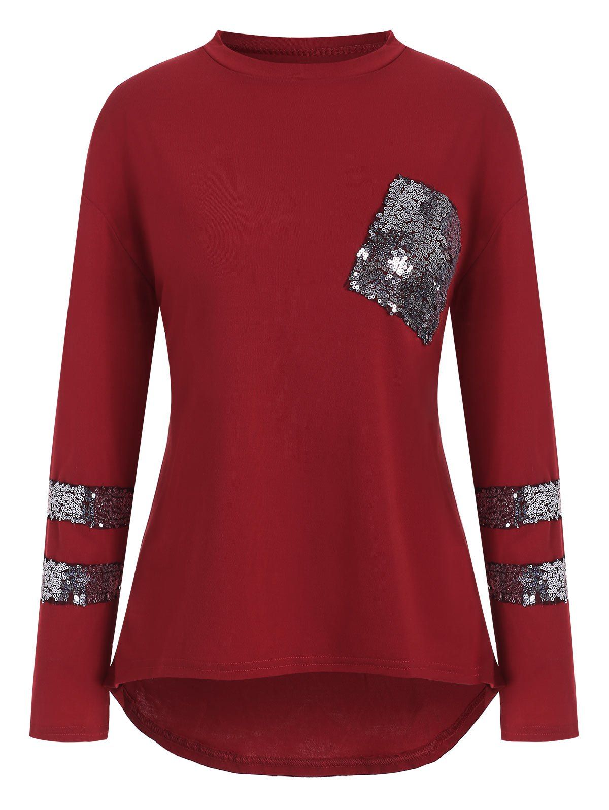 

Sequins Pocket Drop Shoulder Dip Hem T-shirt, Cherry red