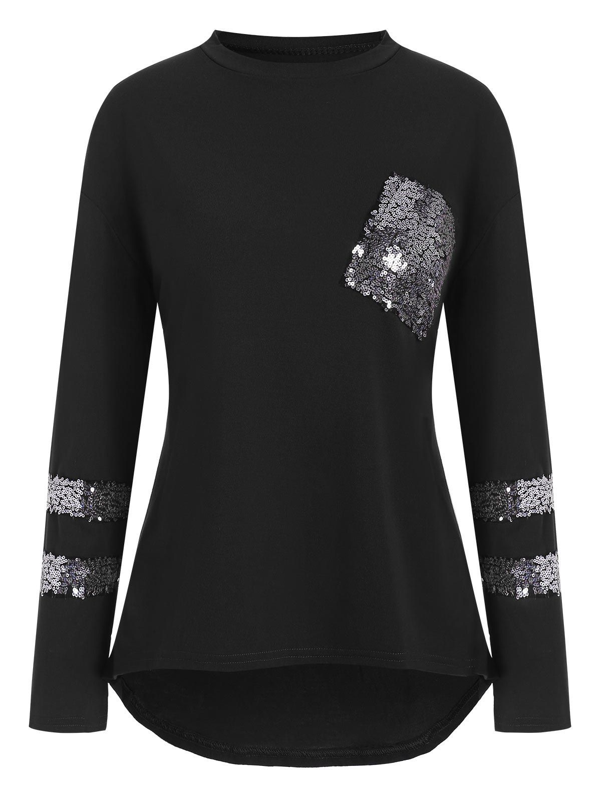 

Sequins Pocket Drop Shoulder Dip Hem T-shirt, Black