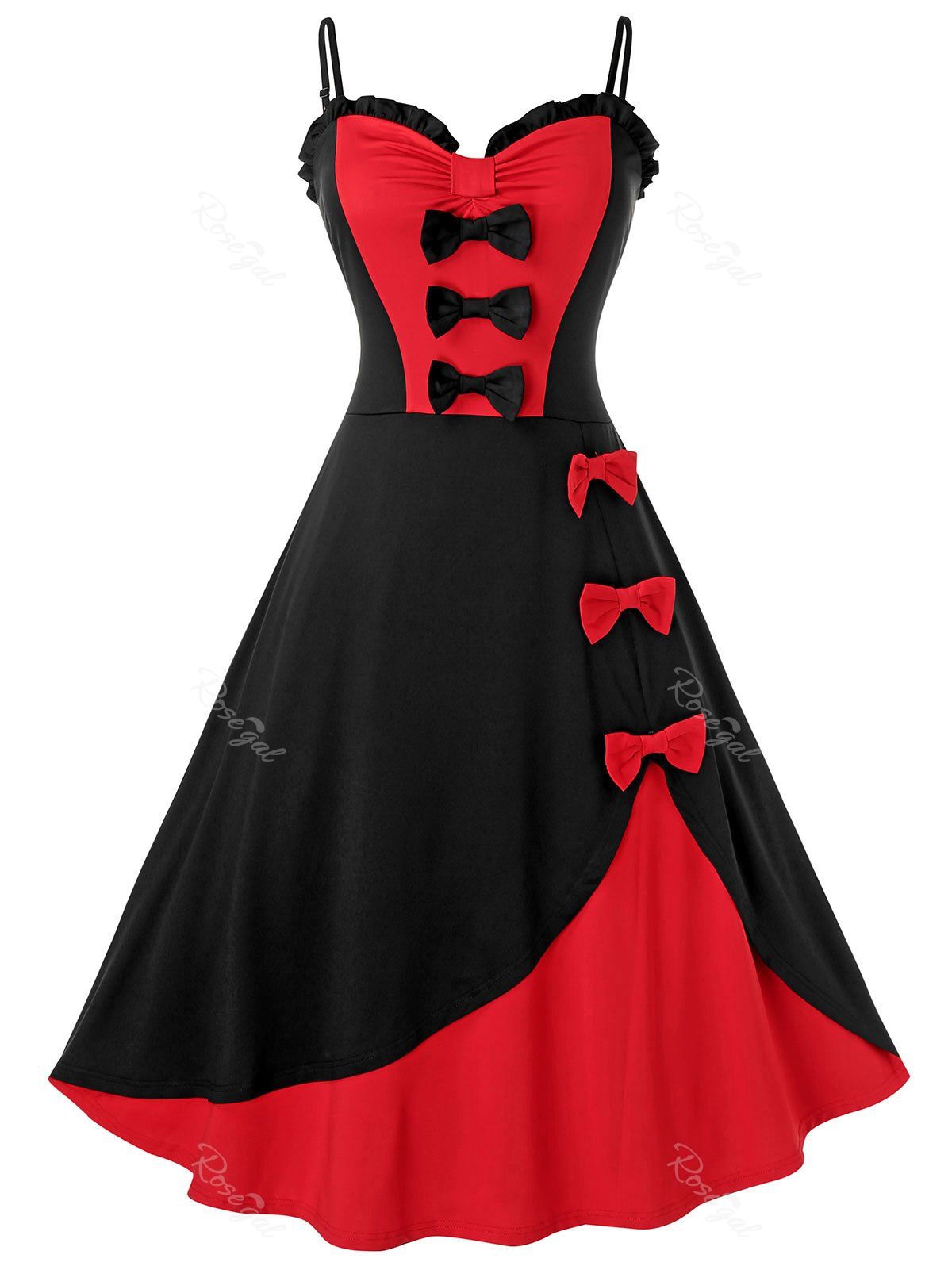 

Plus Size Vintage Bowknot Colorblock Pin Up Dress, Red