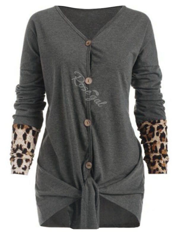 

Button Up Leopard Panel Tie Front Plus Size Top, Gray