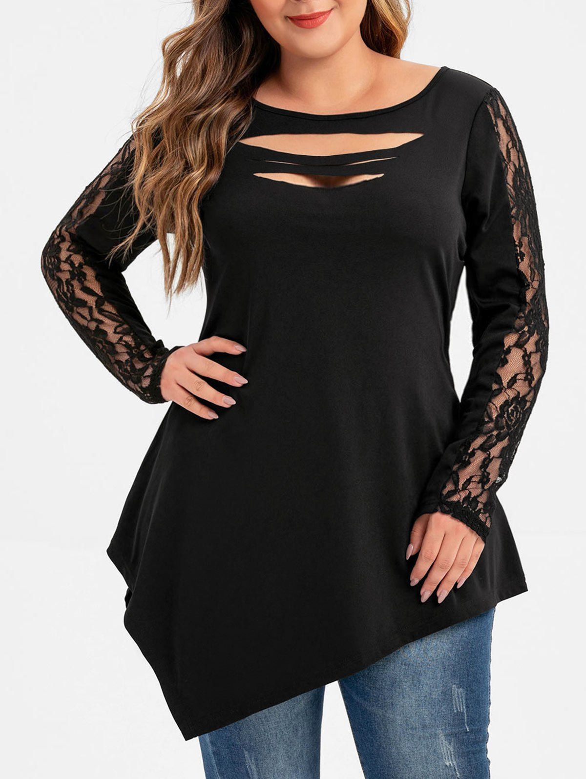 

Plus Size Lace Insert Ripped Asymmetric T Shirt, Black