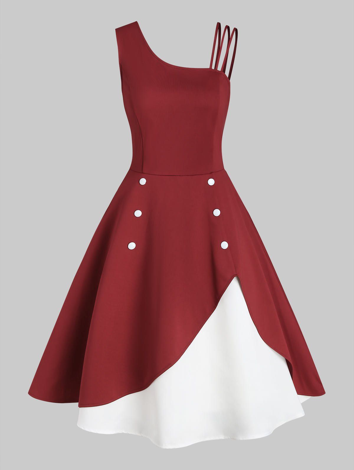 

Button Embellished Skew Neck Rockabilly Style Dress, Red wine