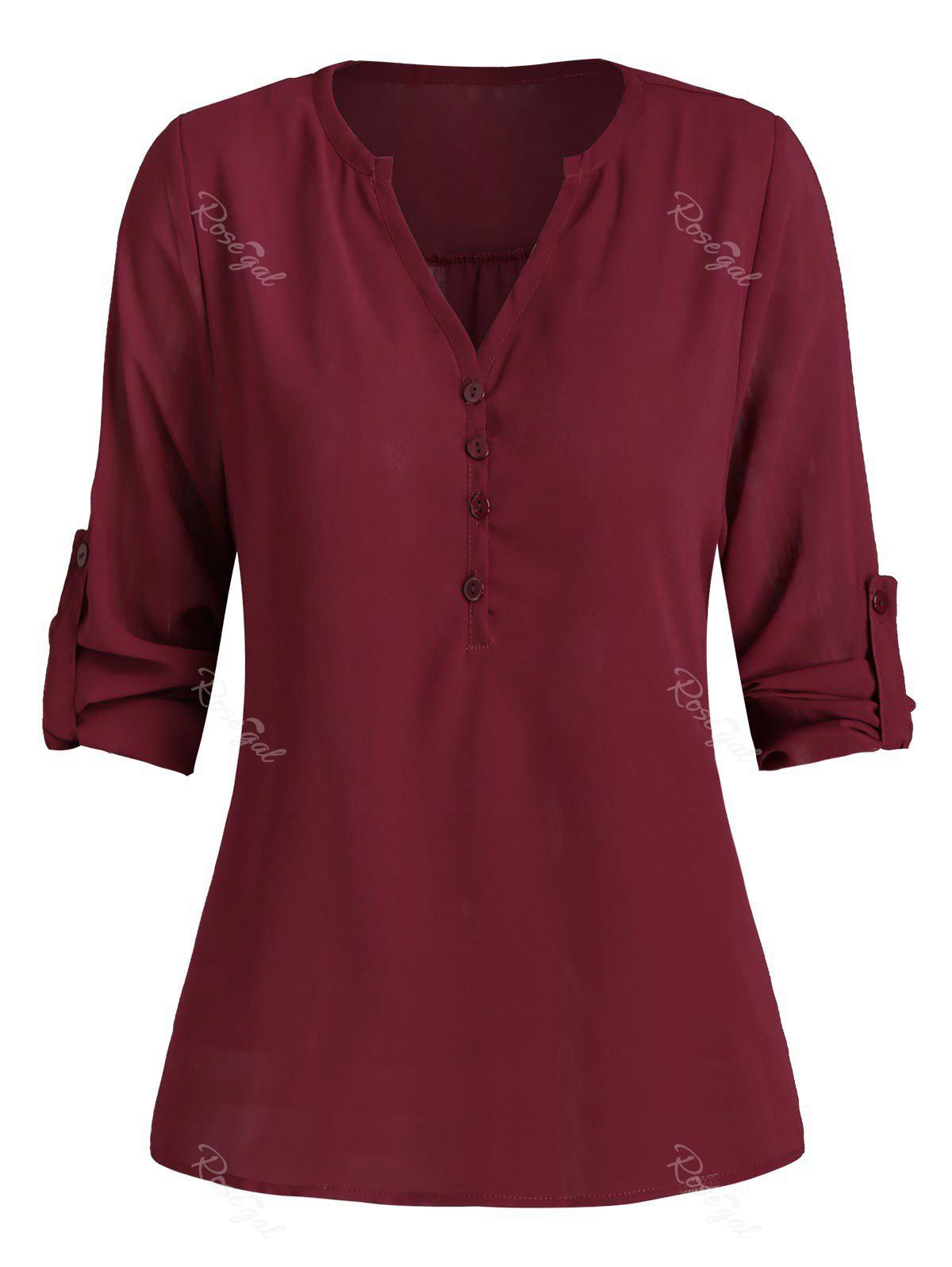 

Half Buttoned Solid Tab Sleeve Plus Size Blouse, Red wine