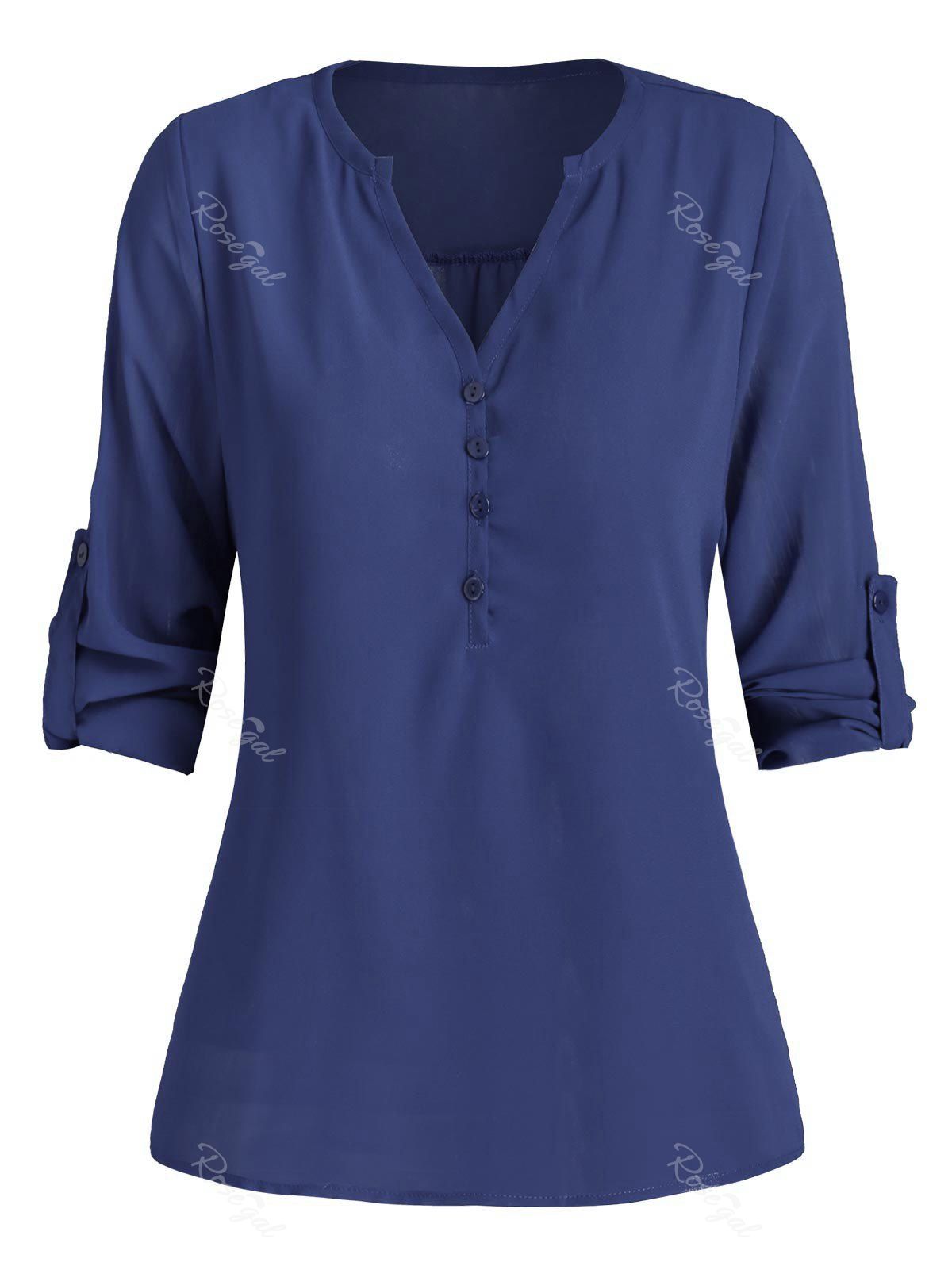 

Half Buttoned Solid Tab Sleeve Plus Size Blouse, Blueberry blue