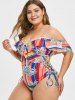 Plus Size Palm Print Lace Up Ruffled One-piece Swimsuit -  