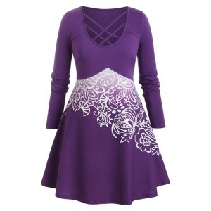 

Plus Size Crisscross Tribal Print Long Tunic T Shirt, Purple