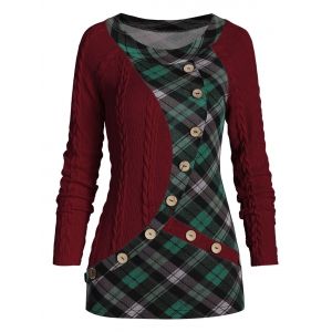 

Mock Button Plaid Insert Cable Knit Sweater, Red wine