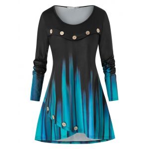 

Plus Size Buttoned Ombre Color T Shirt, Macaw blue green