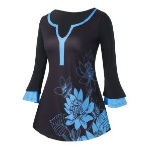 

Plus Size Flare Sleeve Floral Print T Shirt, Black