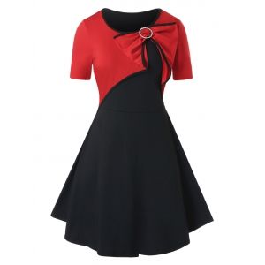 

Plus Size Bowknot Two Tone Tunic Piping Dress, Red