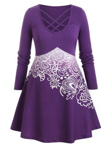 rosegal Plus Size Crisscross Tribal Print Long Tunic T Shirt