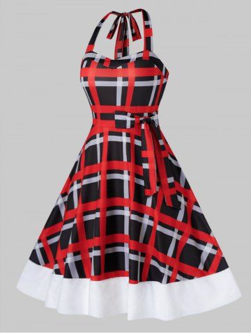 

Plus Size A Line Bowknot Checkered Print Halter Dress, Multi