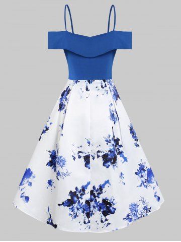 

Flower Print Dip Hem Open Shoulder Dress, Cobalt blue
