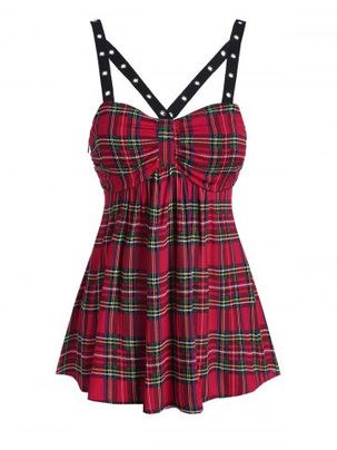 Plaid Print Grommet Flare Tank Top