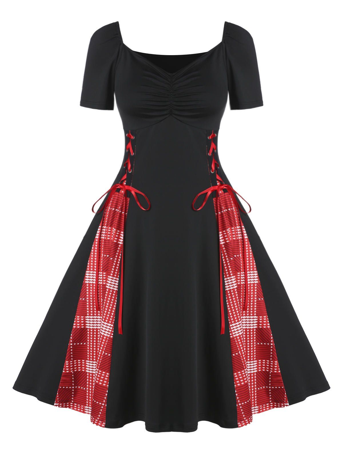 

A Line Plaid Print Lace Up Dress, Multi-a