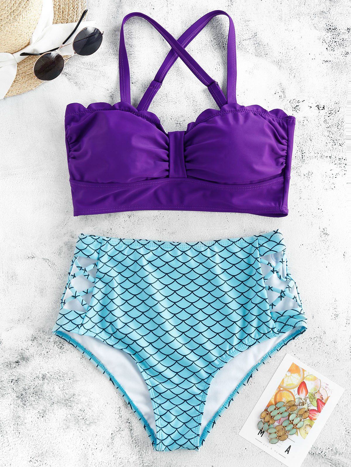 

Scalloped Criss-cross Padded Mermaid Bikini Swimsuit, Tron blue